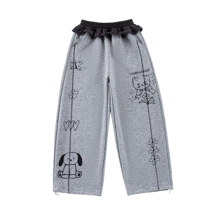2026 Girls' Autumn Casual Suit: Slim Fit Long Sleeve T-shirt & Cartoon Sweatpants with Lace Wide Leg Pants for Middle and Big Kids.