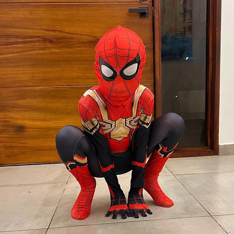 Kids Superhero Super Stretch Jumpsuit Halloween Cosplay Spider Pattern Performance Jumpsuit Movie Character Mask Set