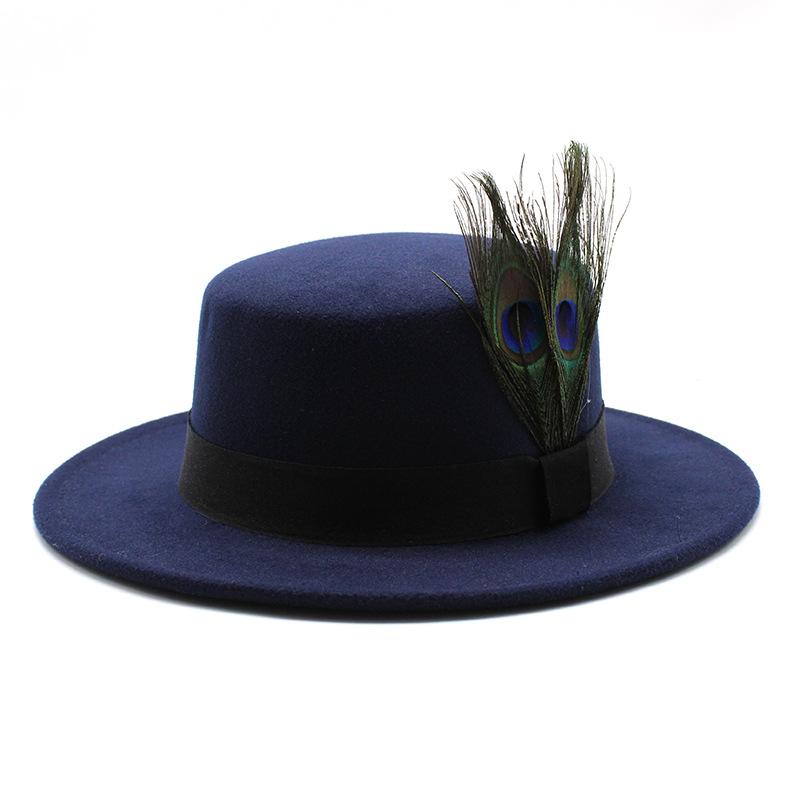 British Style Peacock Feather Classic Retro Woolen Flat Hat Big Eaves Hat Season Men And Women Couple Hat