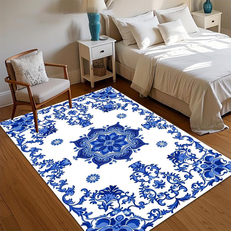Blauw Witte Bloemige Medaillon Vloerkleed voor Woonkamer Slaapkamer Chinoiserie Porselein Geïnspireerde Woondecoratie Zacht Antislip Vloermat