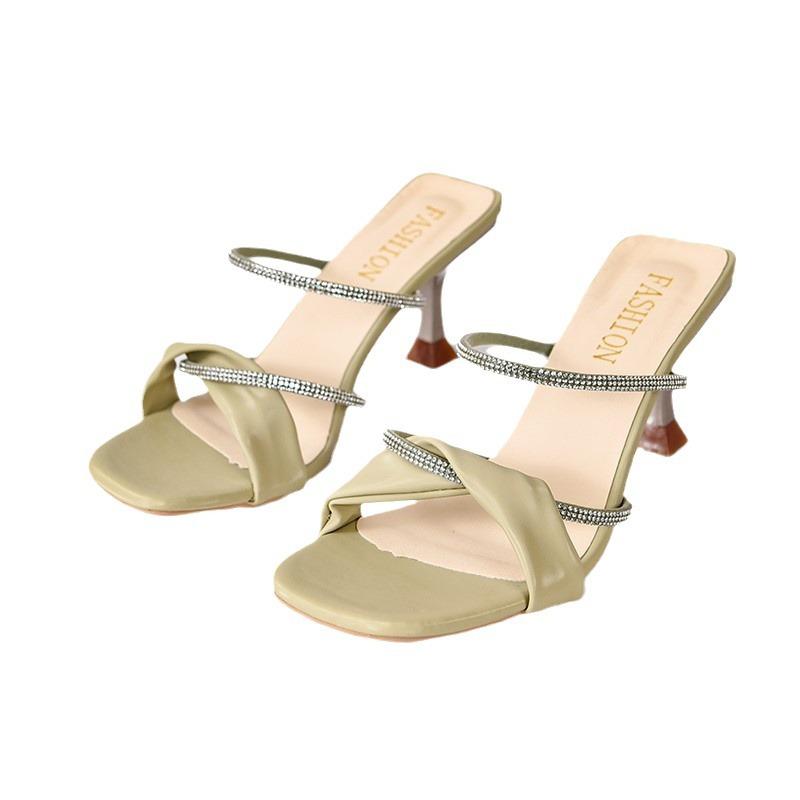 Rhinestone sandals women's 2025 new spring and summer fashion slippers high heels open-toed women's half drag