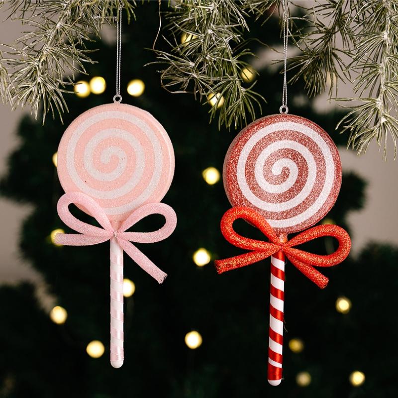 1Pc Christmas decoration supplies, red lollipop pendant, pink bow simulation candy, children's gift, colored candy