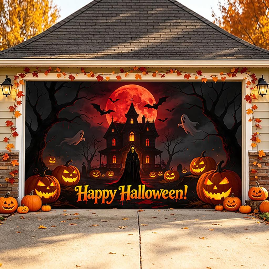 274. ZFFLYH Large Halloween Garage Door Cover Banner Happy Backdrop Decorations