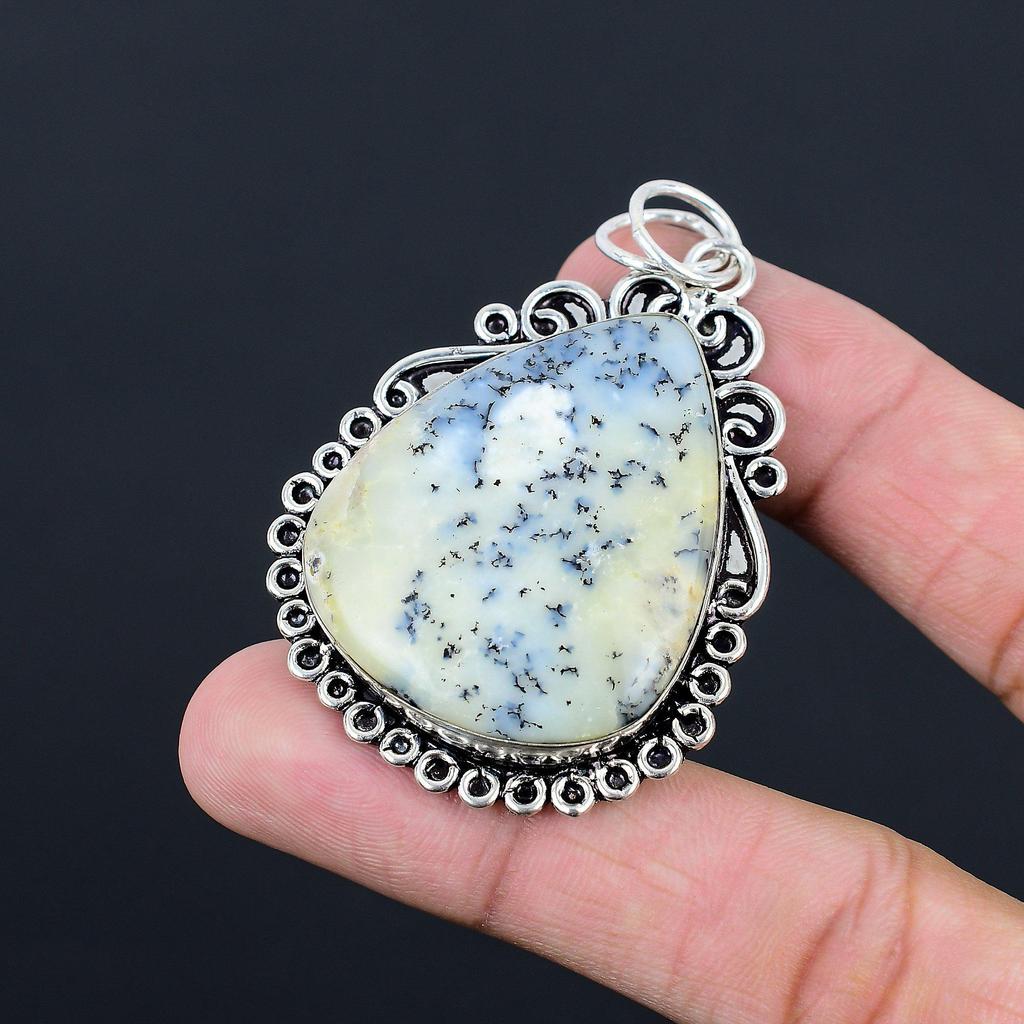 Pear Dendrite Opal Stone Sterling Silver Daughter Handmade Wedding Bezel Pendant