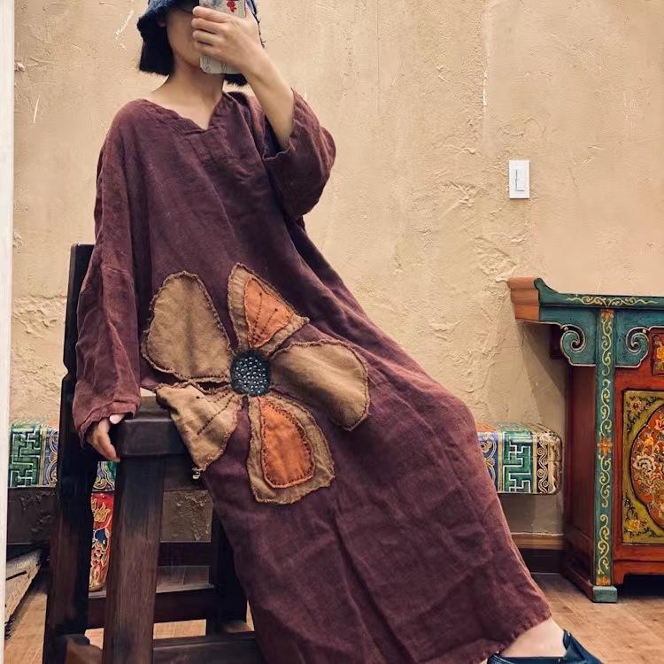 Rochie largă din in, brodată cu fulgi de zăpadă roșii Zen, vintage (1998)