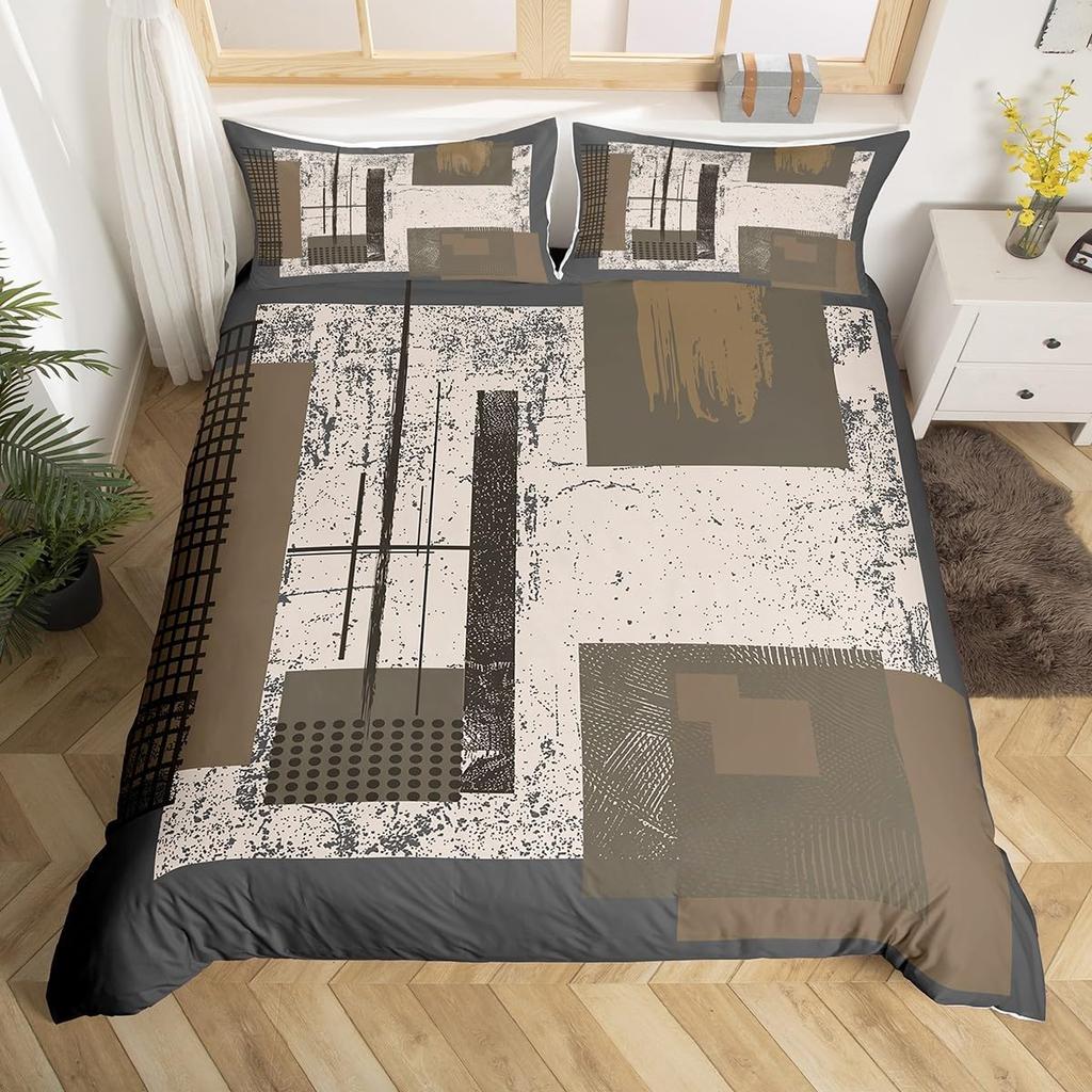 Vintage Striped Line Art Duvet Cover King Size Set Grey Black Red Orange Bedding Set Geometric Oil Painting Graffiti Decoration