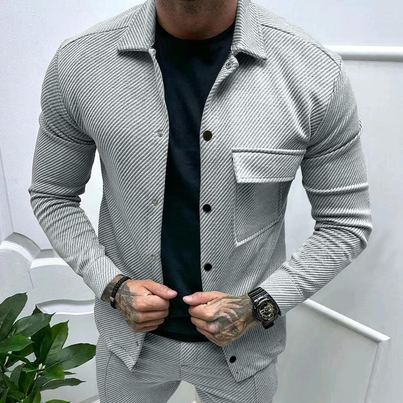 Autumn Casual Heavyweight Twill Lapel Long-sleeved Top European and American Single-breasted Men's Solid Color Slim-fit Jacket