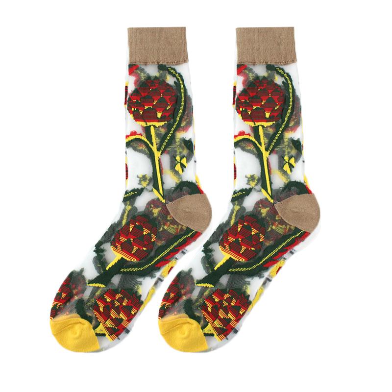 France Hipster Design Glass Silk Floral Bird Funny Socks Women Transparent Streetwear Art Sokken Jacquard Calcetines Divertidos