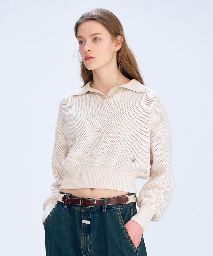 Malittepeulangsowajeobeo W Cotton Blended Open Collar Crop Knit Light Beige
