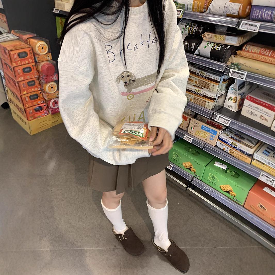 

Puppy Print Round Neck Casual Sweatshirt for Women - Spring/Autumn L (50-60kg) абрикосовий/сірий колір