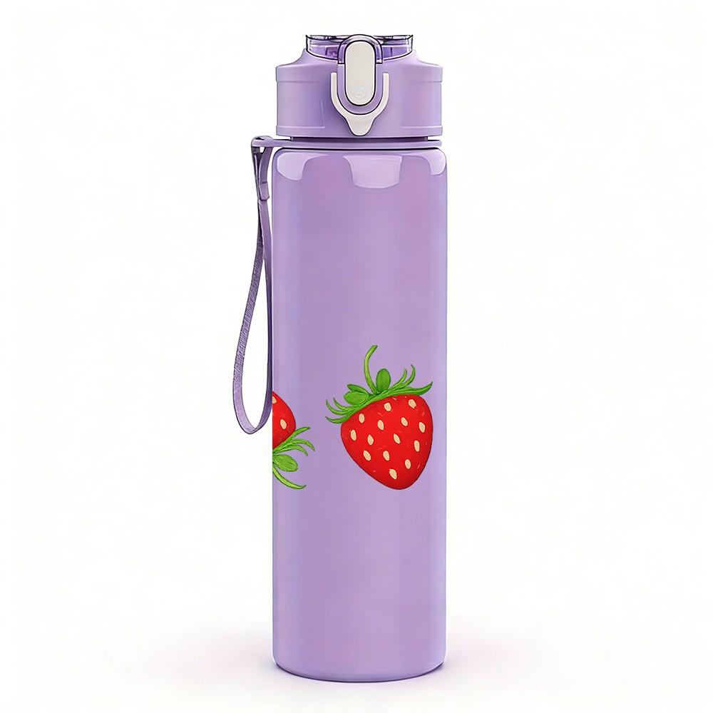 1PC Red Strawberry Fruit Group Pattern Print 750ml Color Plastic Sports Water Bottle Leakproof Flip Straw Lid Suitable for Sports Office Home Use