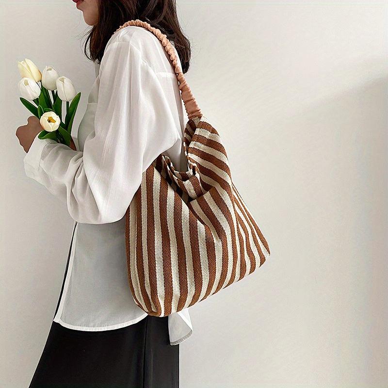 Large Capacity Striped Tote Bag Stylish Yellow & Blue Vertical Stripes, Spacious Shoulder Bag with Ruffled Detail, Perfect for Casual Shopping Bag