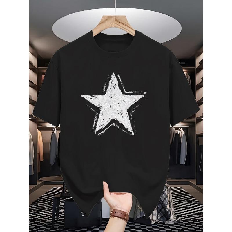 

European sizes Star Men s Short-sleeved T-shirts, Fashionable and Trendy Printed Men s Bottoming Shirts, Summer Round Neck Casual Versatile Tops 4XL чорний