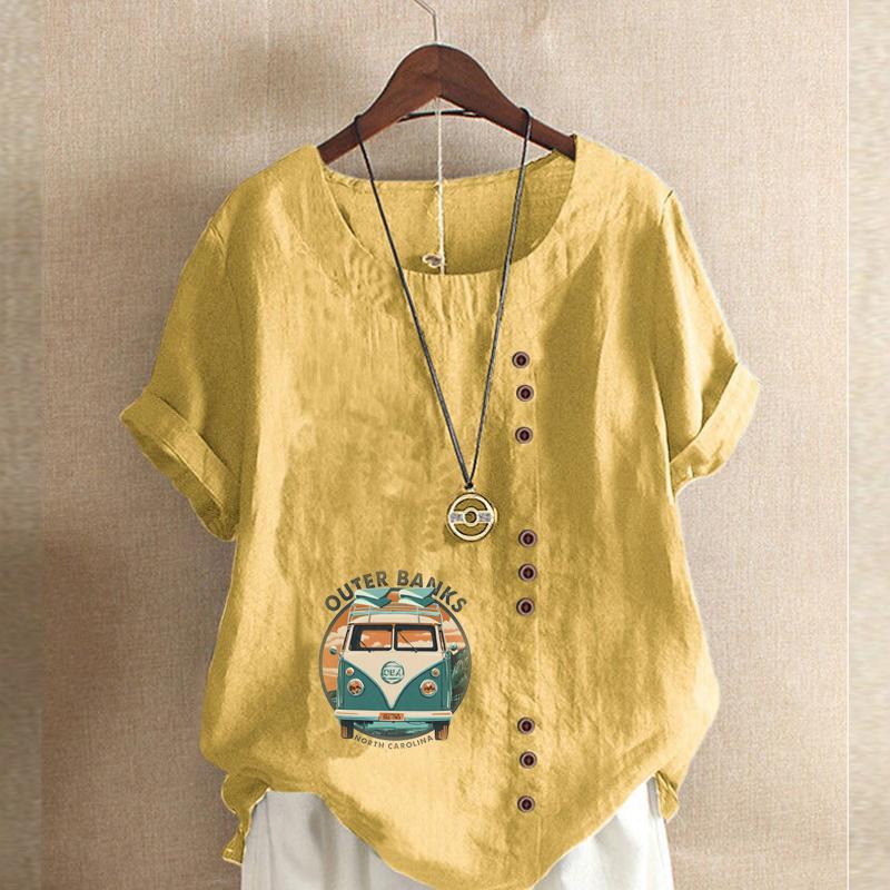 Damenmode Tourenwagen bedruckt Rundhals Kurzarm T-Shirt Lässig Baumwolle Leinen Grafikshirt Freizeit Locker Sommerbluse Tops