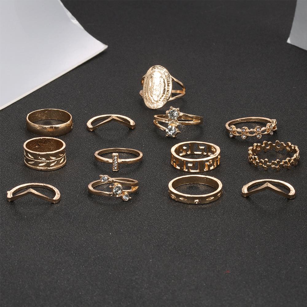 English Madonna Simple Pattern Joint Ring Small Flowers and Leaves 13-piece Ring Set