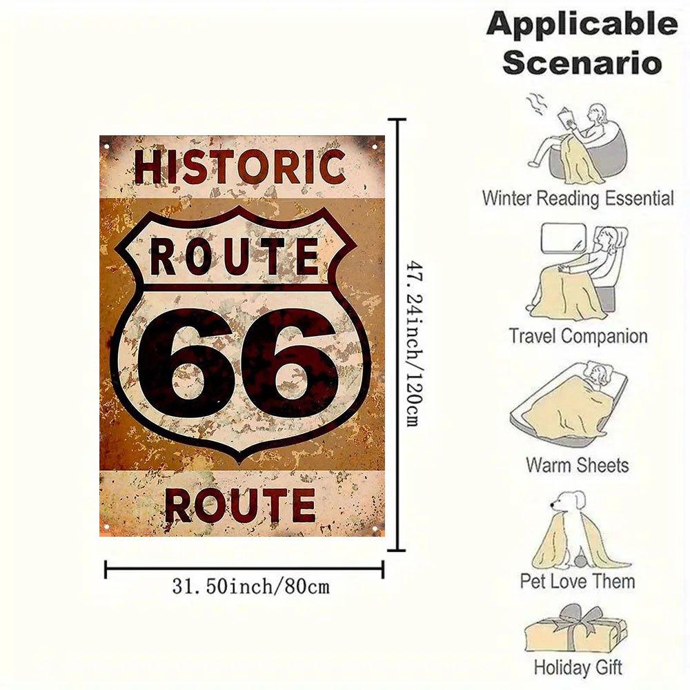 Historic Route 66 Metal Sign Wall DecorBlanket Flannel Throw Blanket for Sofa, Bed, Travel, Camping, Office, Couch, Chair, And Bed Gift for