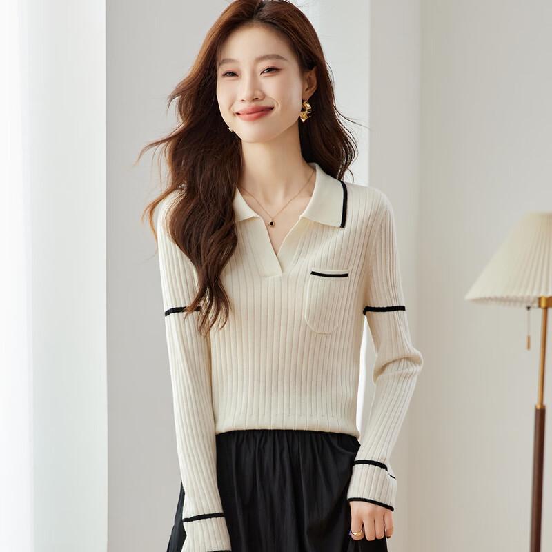 Srcr Women's Classic Turn-down Collar Wool Blend Knit Sweater