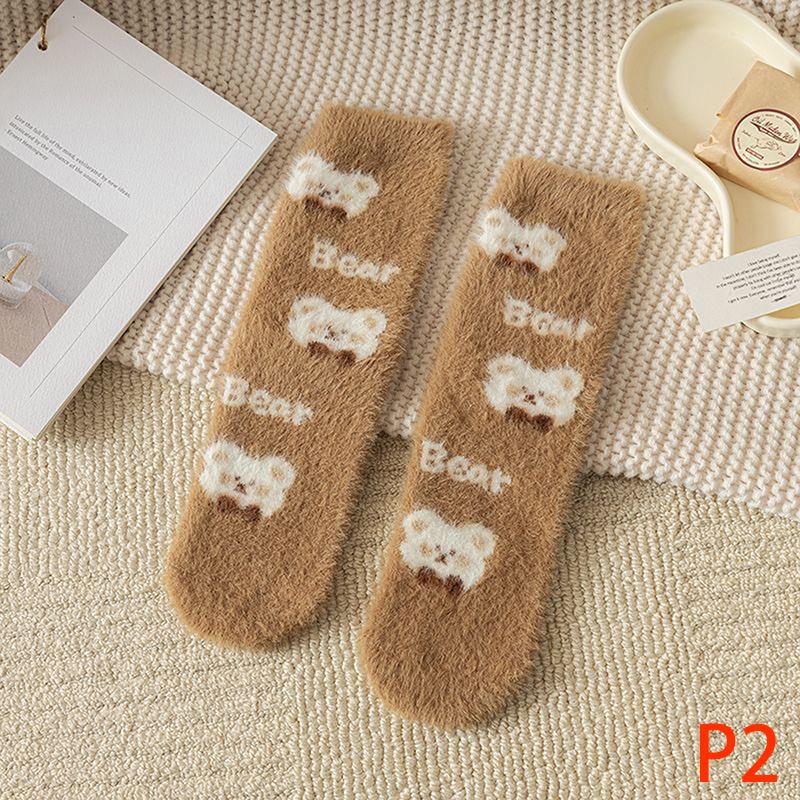 Autumn Winter Coral Velvet Socks Cartoon Bear Socks For Women Children Girls Middle Tube Thickened Sleep Socks Home Floor Socks