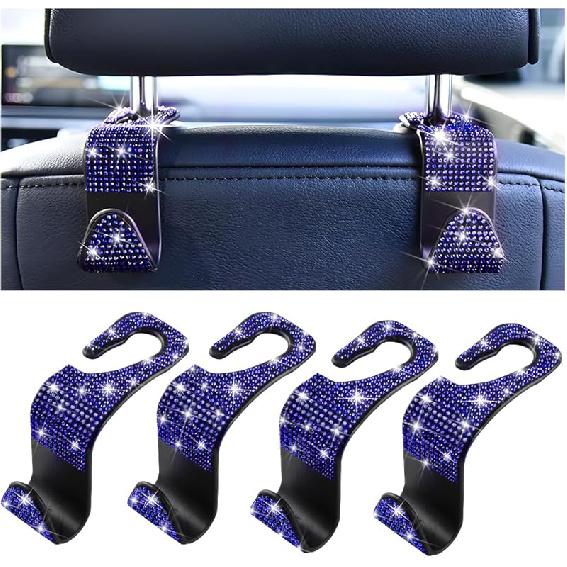 Mandark 4PCS Bling Car Seat Headrest Hooks, Crystal Rhinestone Vehicle Seat Back Hanger For Grocery Purses Handbags, Diamond Auto Seatback Storage