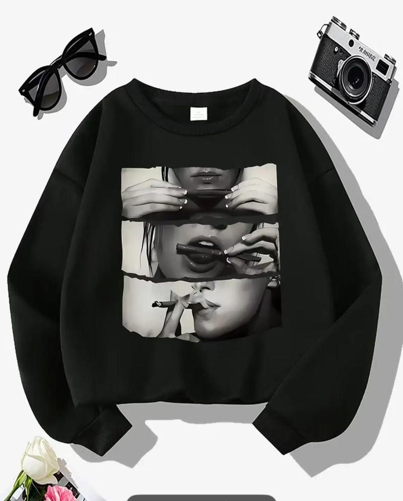Cross-border Autumn/Winter Lip Print Loose Fleece Sweatshirt