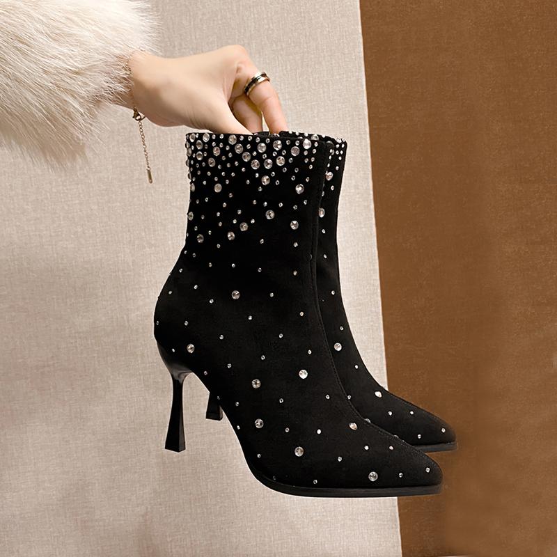

Мода Роскошный Кристалл Стразы Покрытые Высокий Каблук Сапог Женщина Элегантный Острый Носок Шпилька Ботильоны до Щиколотки Дамы Вечерняя Вечеринка Блестящие Ботас 37 чёрный