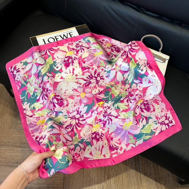 Silk scarf women's spring and autumn decoration versatile ins simple style striped square scarf streamer simulation silk fashion scarf scarf scarf