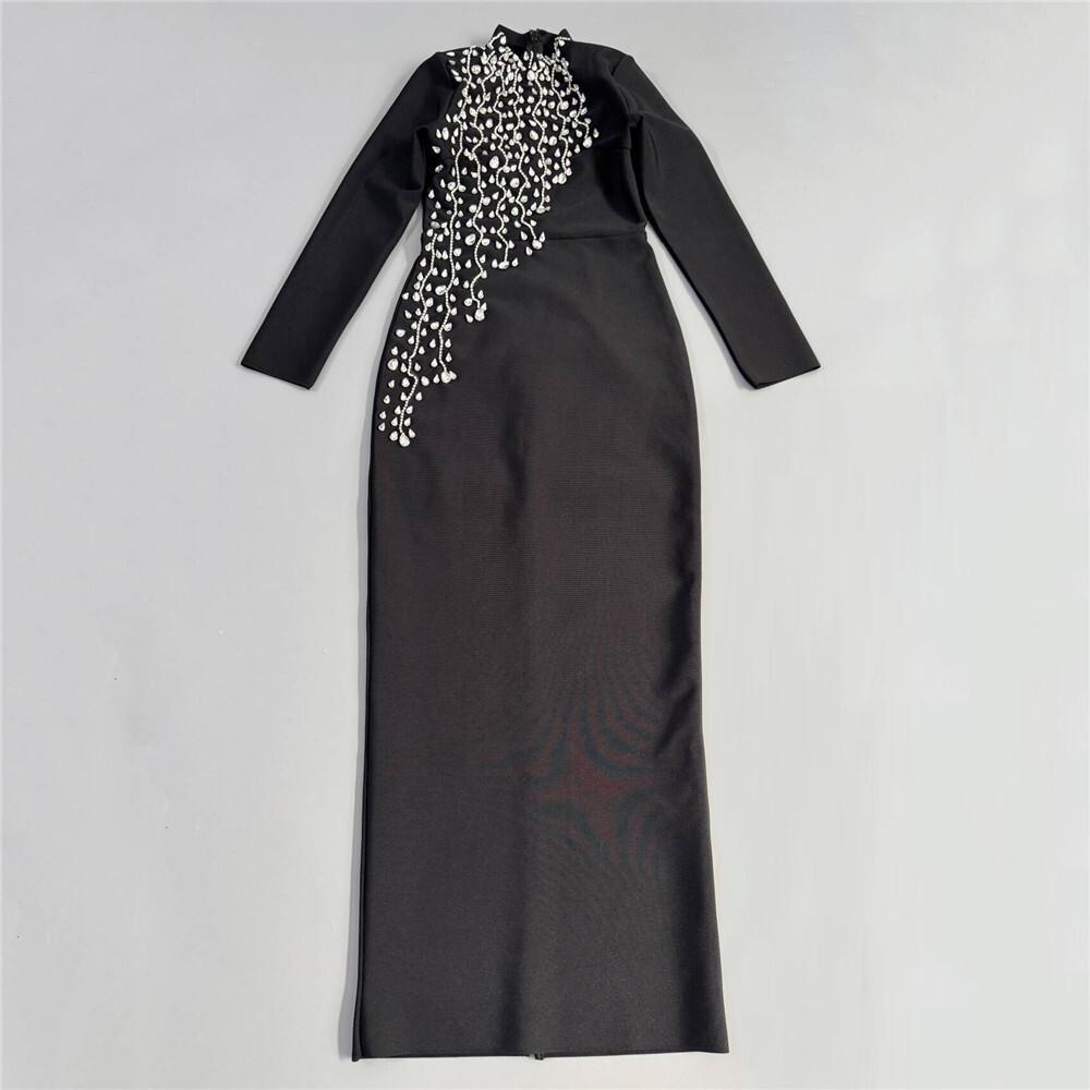 Elegant European & American Rhinestone Beaded Long-Sleeve Slim Fit Party Dress