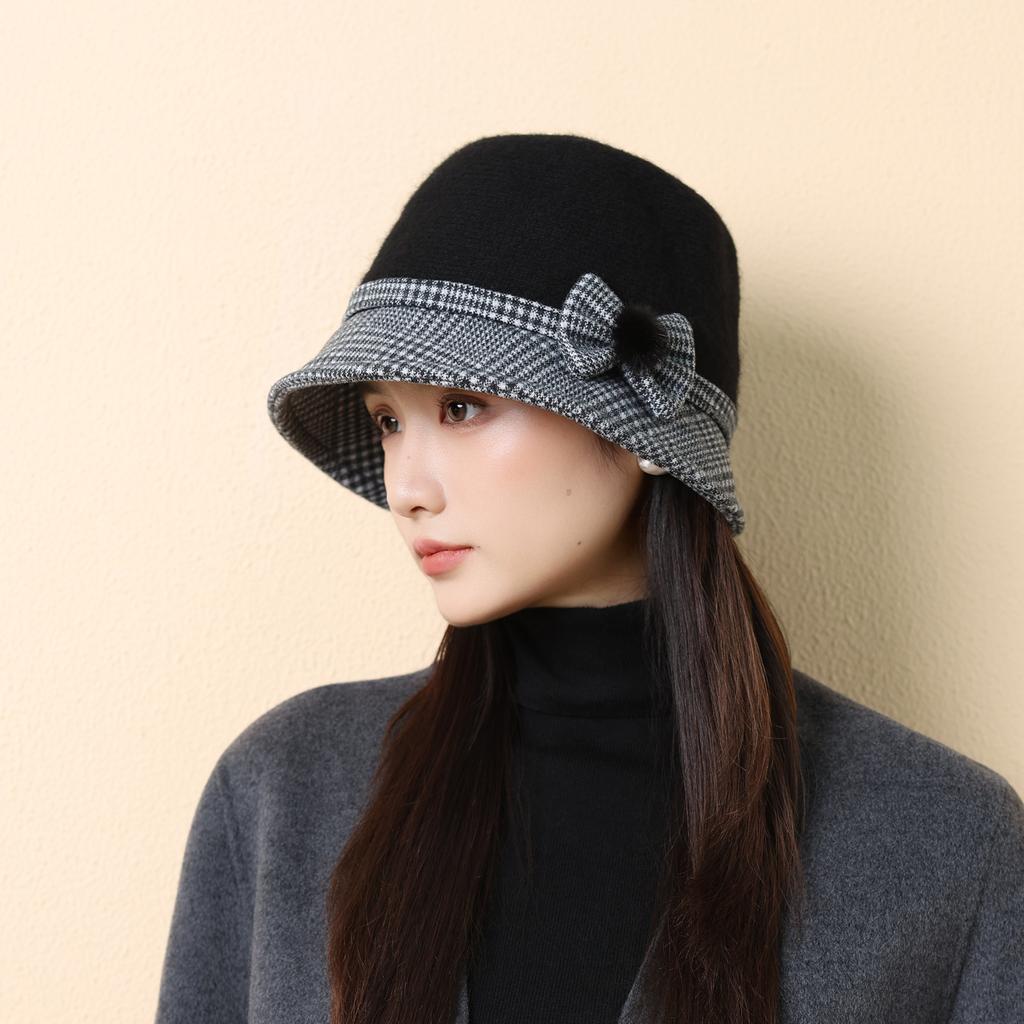 Autumn and Winter New Bow Bucket Hat Women's Woolen Basin Hat Mother Outdoor Warm Hat