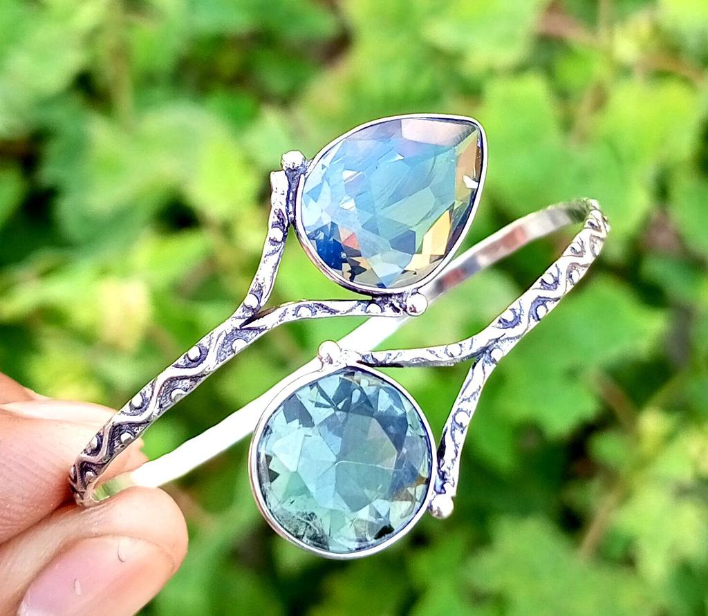 Faceted Glass Gemstone 925 Sterling Silver Plated Nastavitelný unisex manžetový náramek/náramek Šperky
