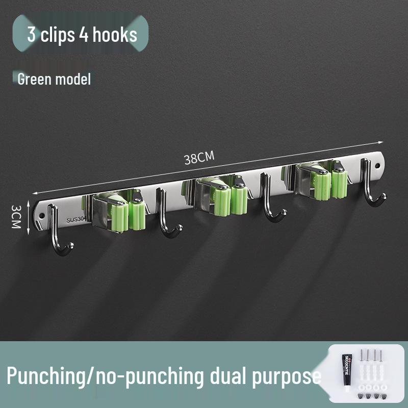 Stainless Steel Punch-Free Mop Holder with Black & Green Clips for Bathroom or Balcony Storage