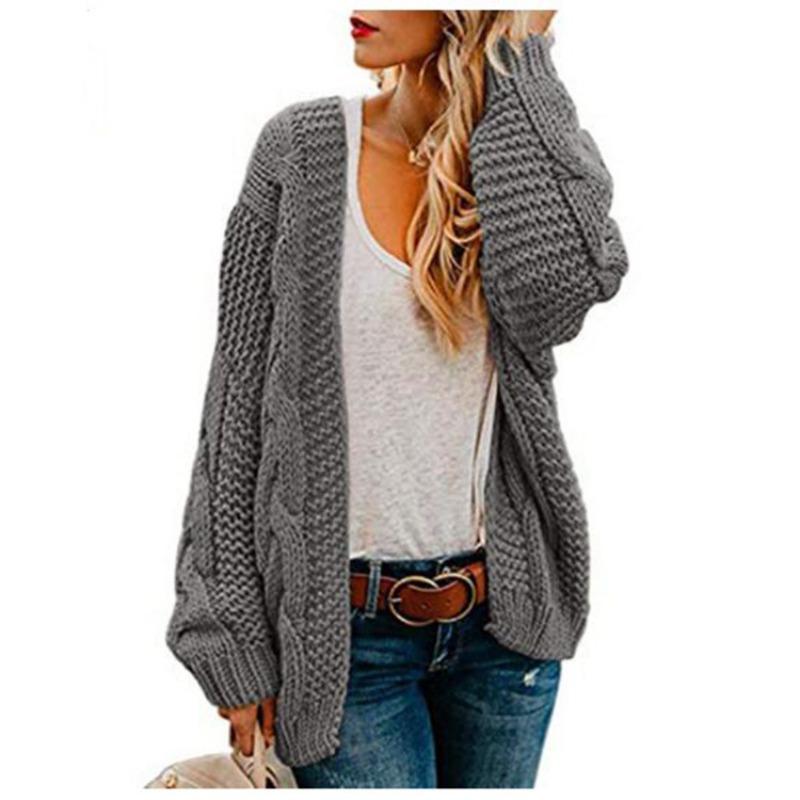 Women S Mid Length Loose Fit Chunky Knit Cardigan Casual Solid Color Outerwear