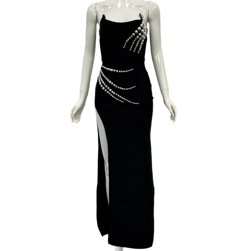 Kadınlar İçin Zarif Straplez Taşlı Yırtmaçlı Abiye Elbise