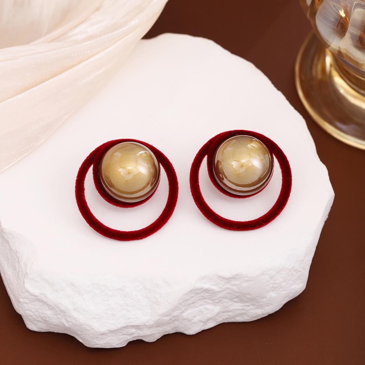 Silver Needle Retro Red Round Angora Bead Earrings - Elegant Autumn/Winter Statement Accessories for Women