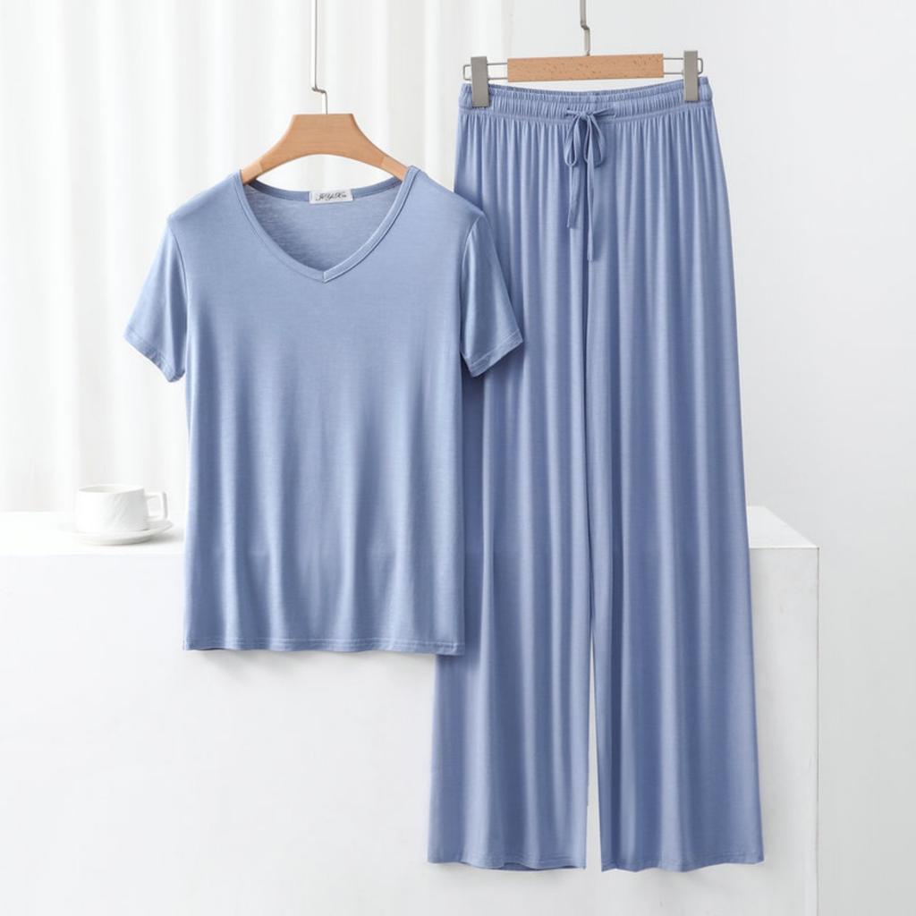 Women's Round Neck Suit Large Size Outer Wear Casual Top Wide Leg Trousers Thin Pajamas