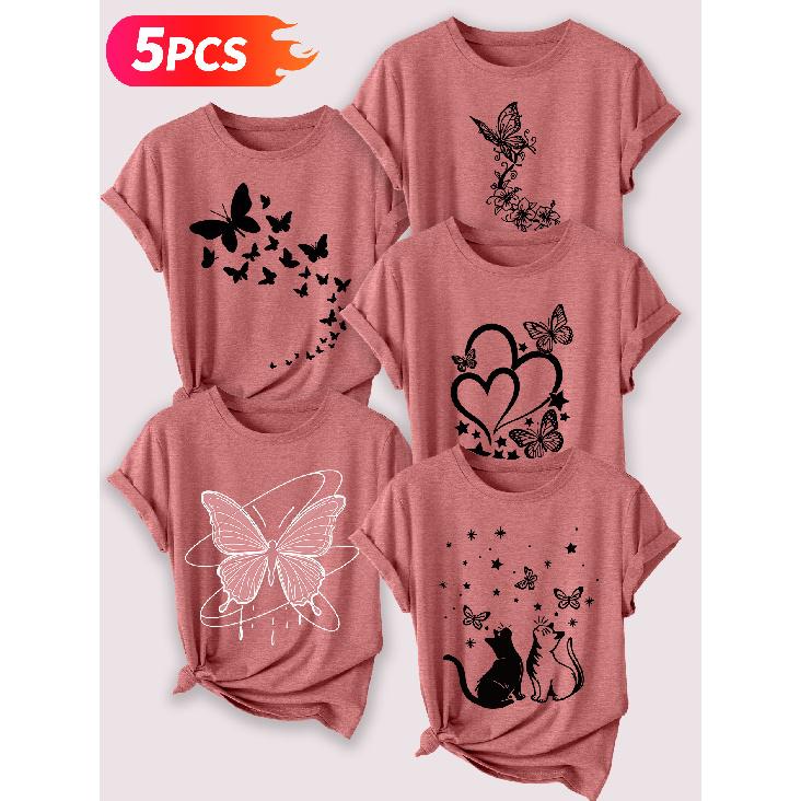 Follow a specific direction Five-piece set for women T Shirt Butterfly and cat motif vintage print Summer Casual Elegant Women's Clothing Short