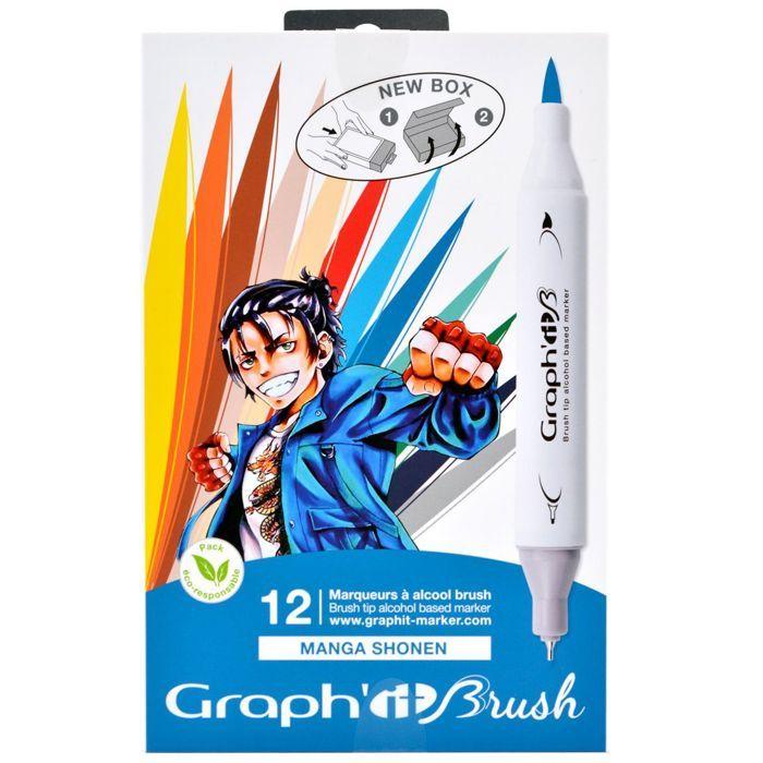 Set Manga Shonen of 12 Alcohol Markers GRAPH'IT Brush &; Extra Fine