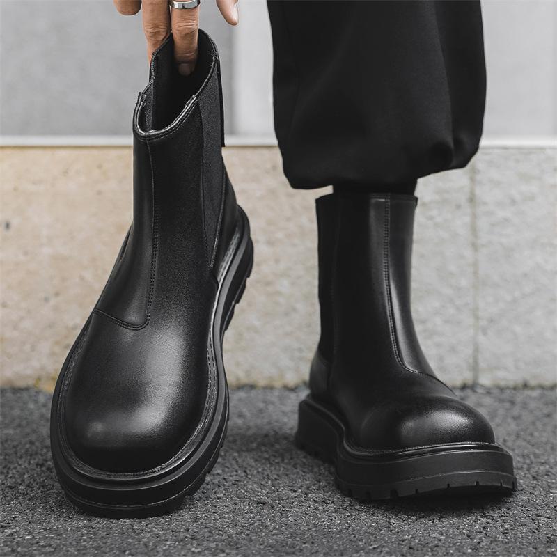 Men's Casual Stage Nightclub Original Leather Boots Black Stylish Platform Shoes Cowboy Spring Autumn Boot Cool Chelsea Botas