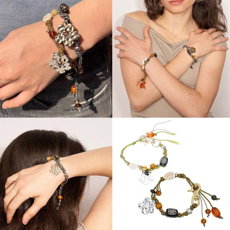 Hibiscus Beaded Keychain Bracelet Handwoven Hand Bangle Jewelry Tropical Inspired Everyday Wear Wrist Accessory