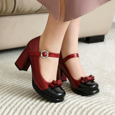 Chunky Heels Lolita Women Pumps Shoes Sweet Bowknot Mixed Color Vintage Mary Jane Shoes Patent Leather Platform Pumps Size 34-43