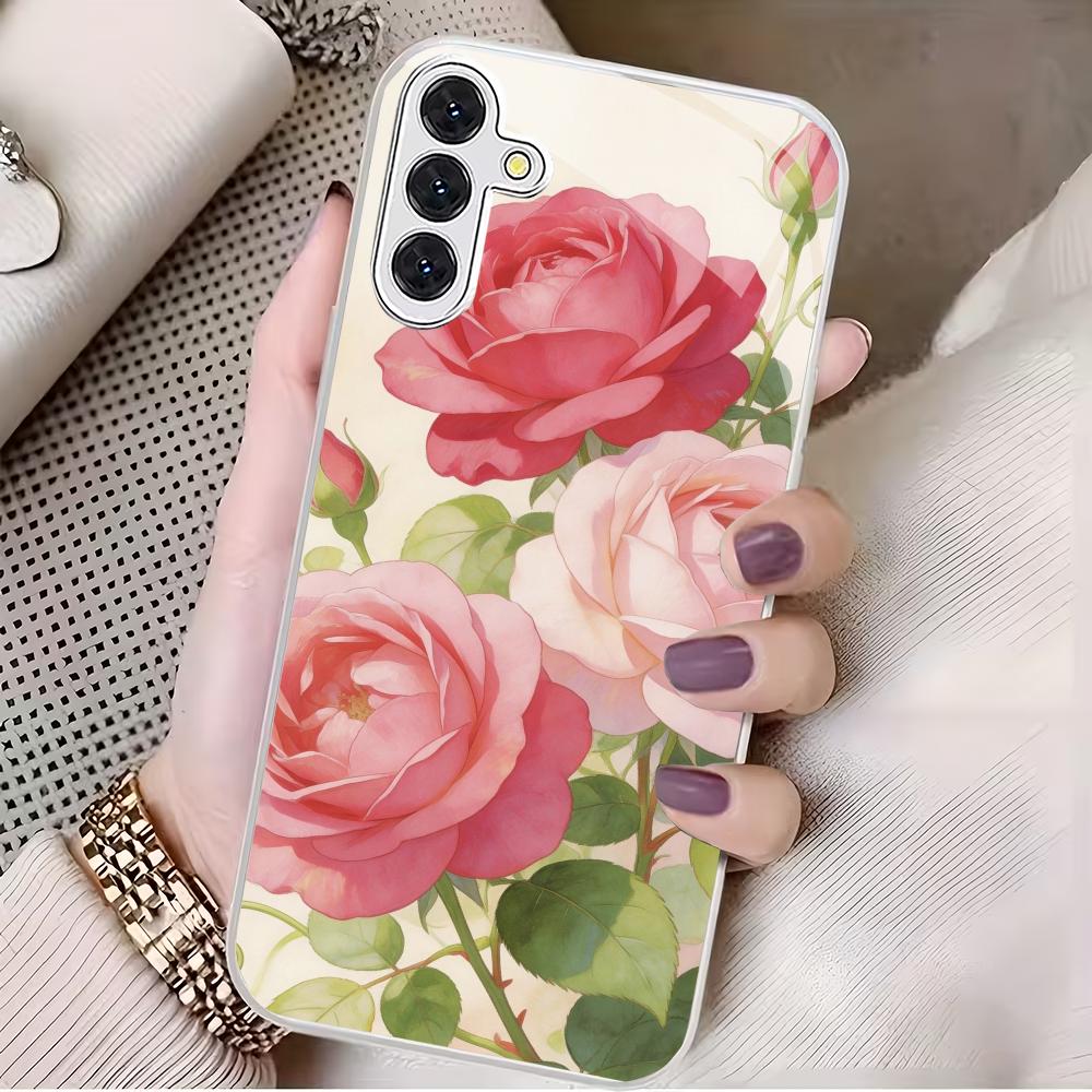 Flower patterned glass phone case suitable for Samsung Galaxy S26 S25 S24 S23 S22 S20 FE/Ultra/Plus anti drop back cover