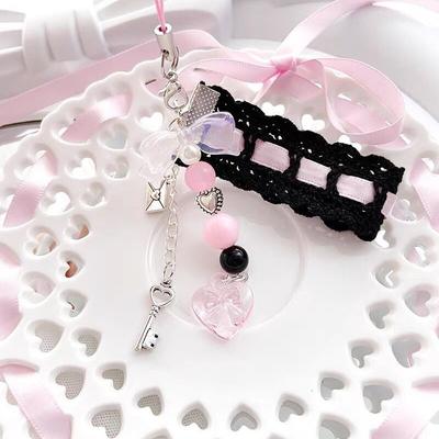 Jemný krajkový přívěsek na klíče s roztomilým přívěskem ve tvaru srdce, barevná korálková šňůrka na telefon, multifunkční závěsné doplňky na tašky