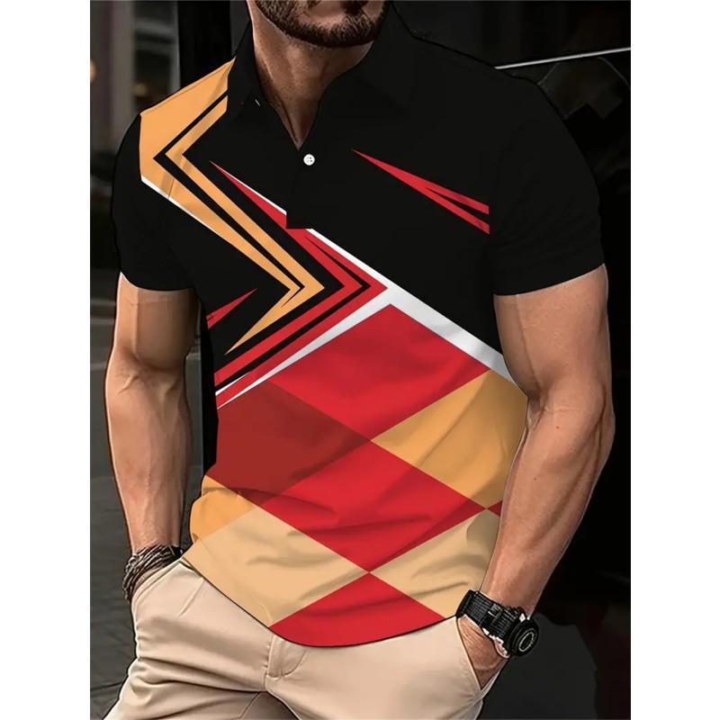 3D Printed Color Striped Men's Polo Shirt