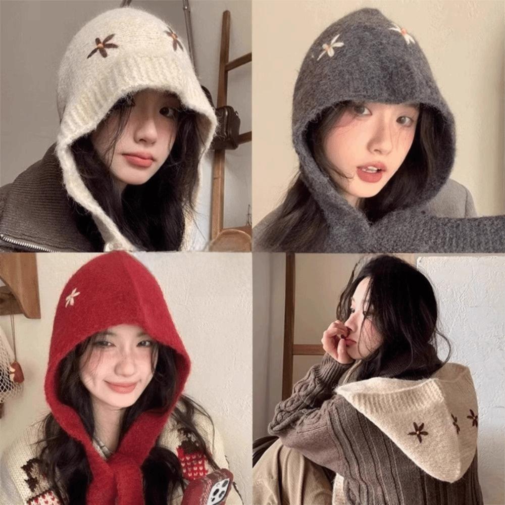 Woolen Neck Collar Beanies Cap Embroidered Flowers Pullover Cap Cute Knitted Balaclava Hat Female