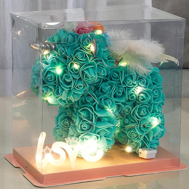 23*23CM Artificial Flower Unicorn with Wings PE Foam Flower Rose Rabbit Valentine's Day Wedding Gift Anniversary Festival Gift Box for Girlfriend