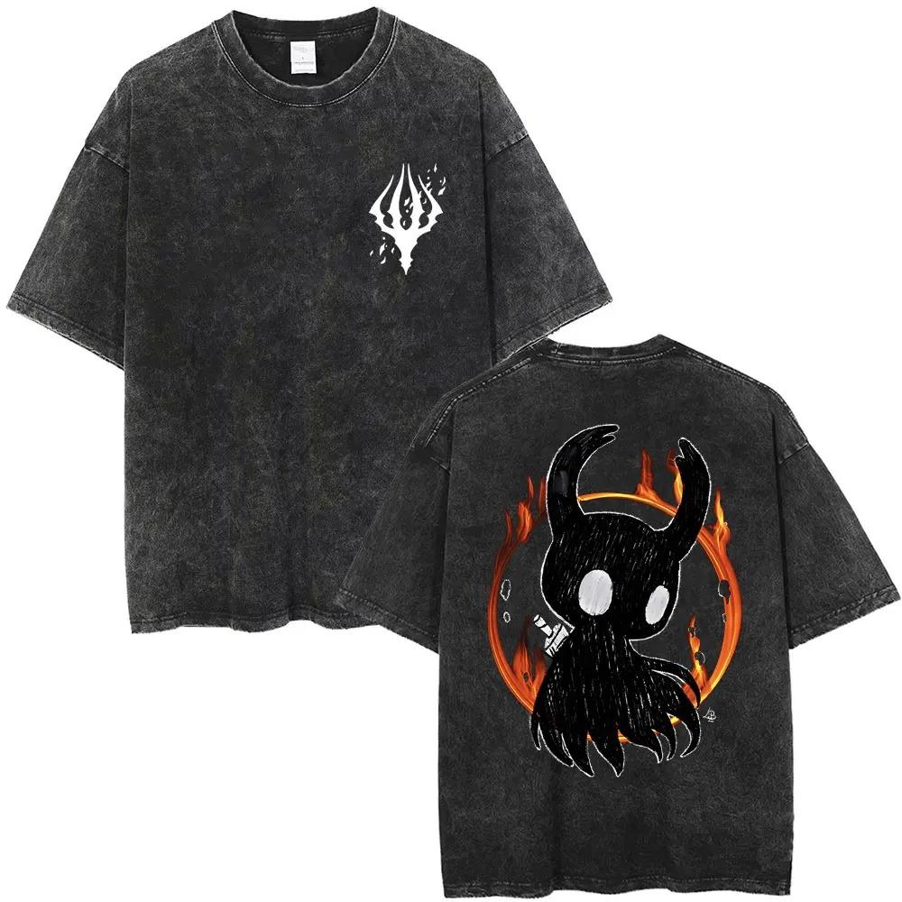 Magliette Hollow Knight Stampa Vintage Lavata Magliette Regali per Fan Uomo Donna Top Moda Casual Manica Corta Oversize