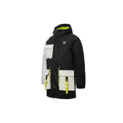 Giacca a Vento Retro Color-Block Multitasche Calda Media Lunghezza con Cappuccio Uomo Capispalla Nero 534676-01