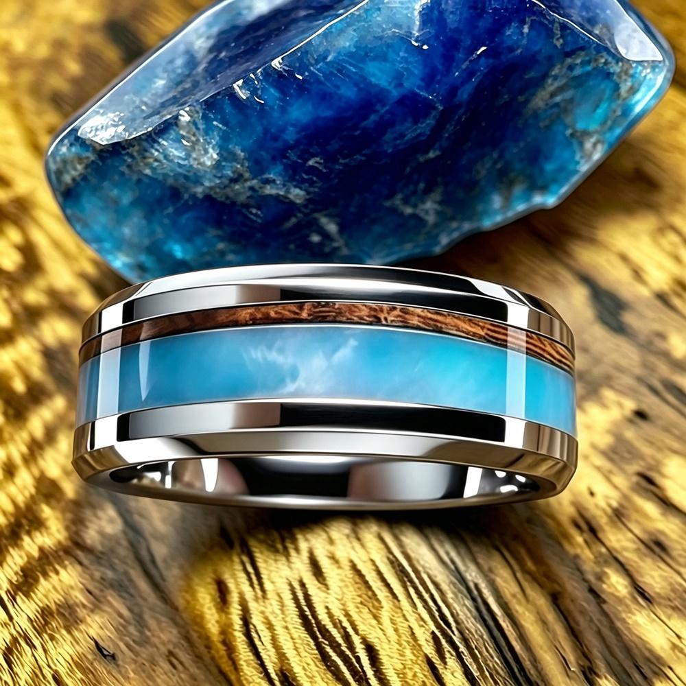 Fashion 8mm Men Stainless Steel Ring with Turquoise and Marble Stones Inlay Rings for Men Women Wedding Jewelry Drop Shipping