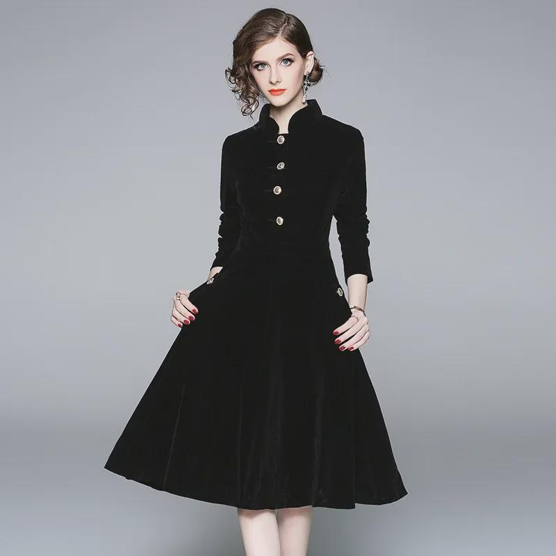 Velvet Little Black Dress, 2023 Autumn/Winter: Palace Style, Slim Fit, Stand Collar, with Pockets and Full Skirt.