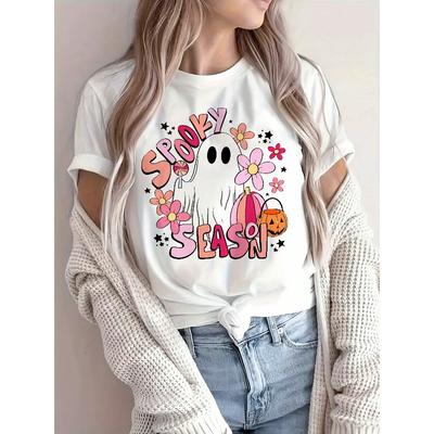 T-shirt di Halloween a Girocollo con Stampa Grafica Lettere Cartoni Animati Zucca Fantasma Fiore, Taglia Europea, Maglietta Sportiva Casual Nuova per Vestiti da Festival Donna