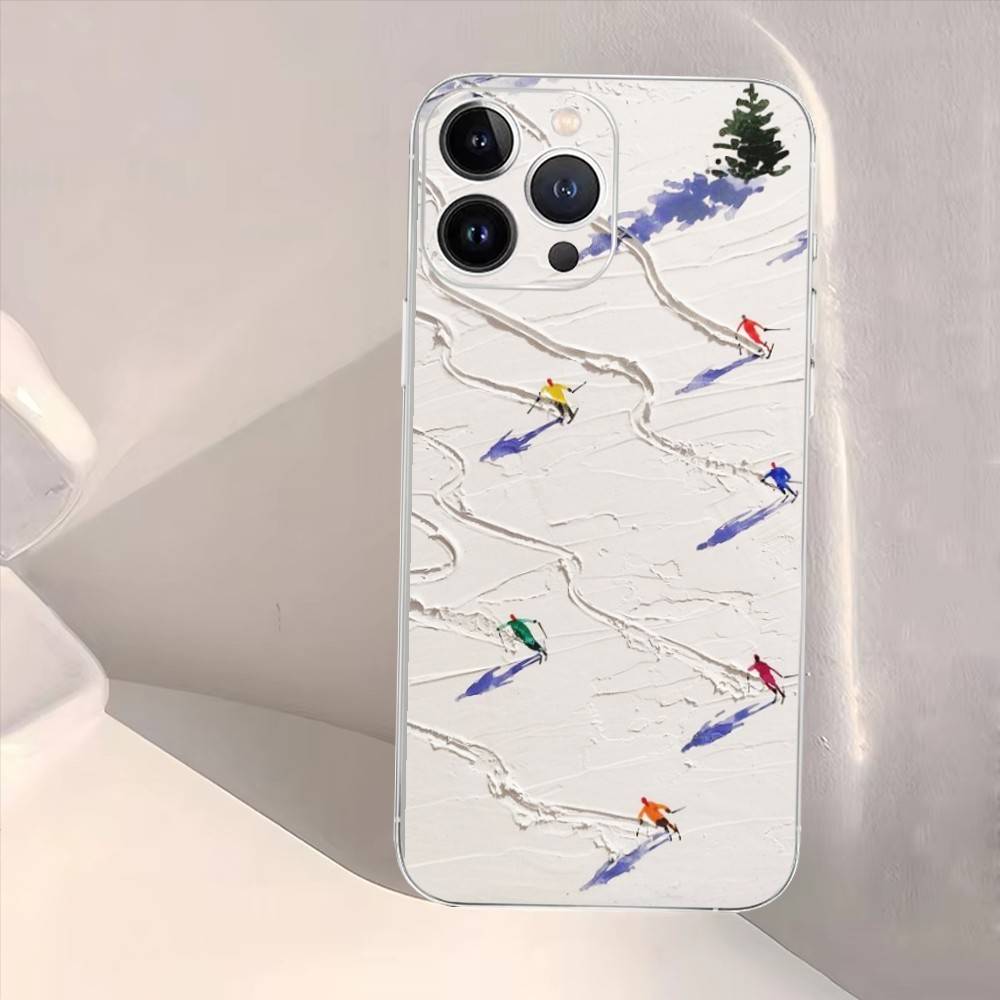 Skiing sports art oil painting style Phone Case For iPhone17,16,15,14,13,12,11 Plus,Pro Max,Soft Silicone Transparent Cover